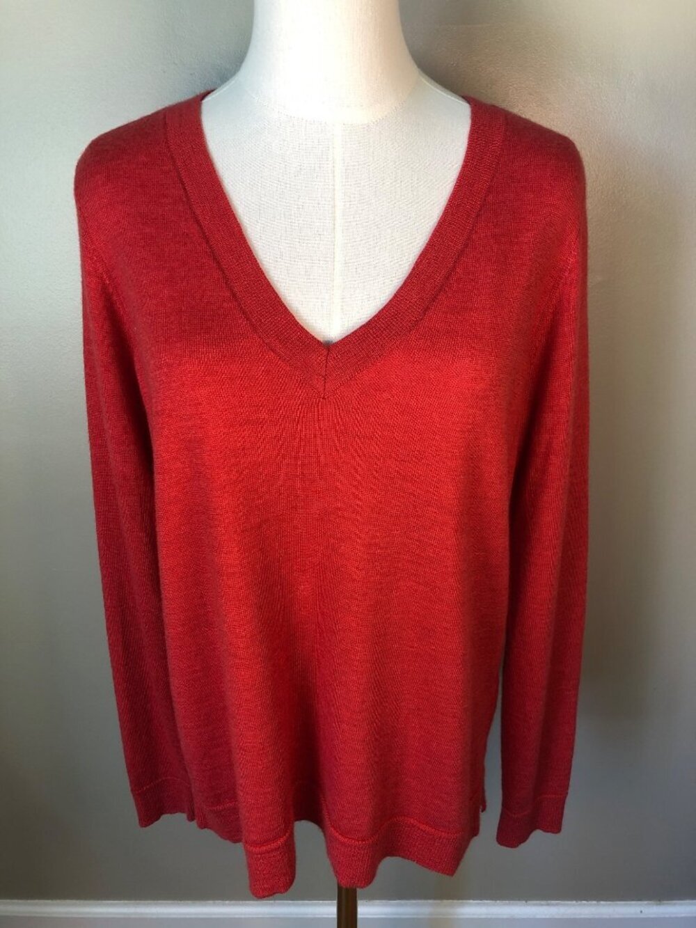 Eileen Fisher Italian Merino Wool V Neck Long Sleeve Red Sweater Size SP